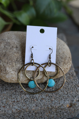 231524 R2-9 DOUBLE RING WITH TURQ ROUND DANGLE Earring