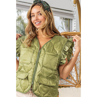 Becky Ruffled Olive Quilted Vest