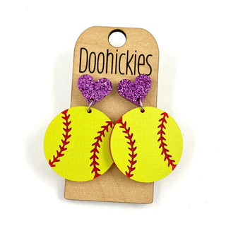 Softball with Heart Dangle Earrings
