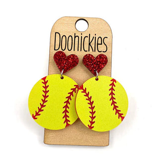 Softball with Heart Dangle Earrings