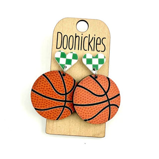 Basketball with Checkered Heart Dangle Earrings