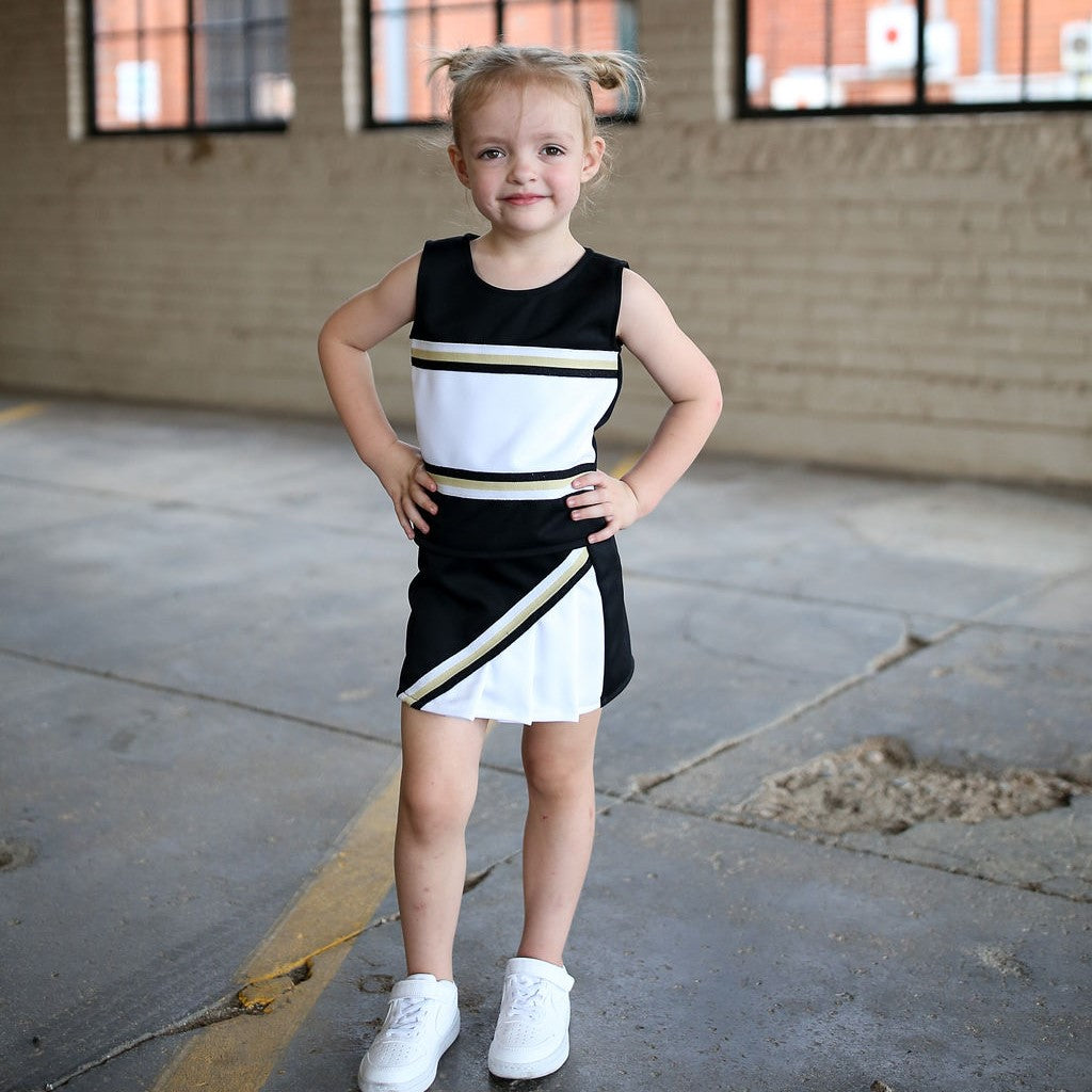 Black, White & Vegas Gold Metallic Cheerleading Outfit – Lil Cattilac Black, White & Vegas Gold Metallic Cheerleading Outfit – Lil Cattilac