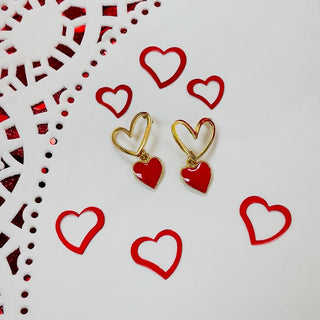 Gold Heart with Red Dangle Heart Studs