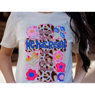 He Has Risen Cross Flowers - Easter Tee