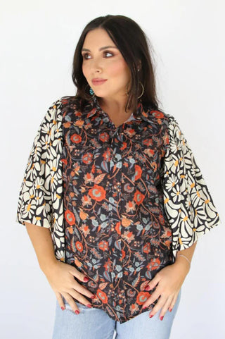 Black Floral Pearl Snap Top