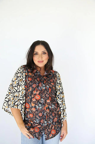 Black Floral Pearl Snap Top