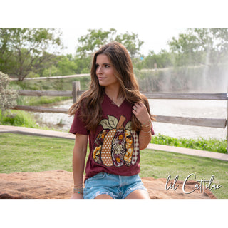 Floral & Patterned Pumpkin V-Neck - Thanksgiving Tee