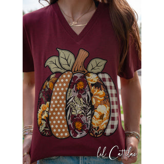 Floral & Patterned Pumpkin V-Neck - Thanksgiving Tee