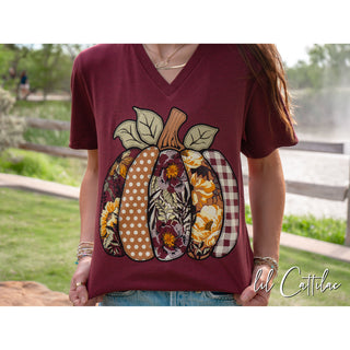 Floral & Patterned Pumpkin V-Neck - Thanksgiving Tee