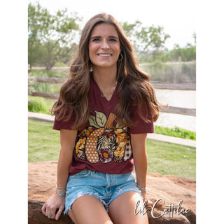Floral & Patterned Pumpkin V-Neck - Thanksgiving Tee