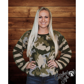 Mila Camo Sweater with Striped Sleeves